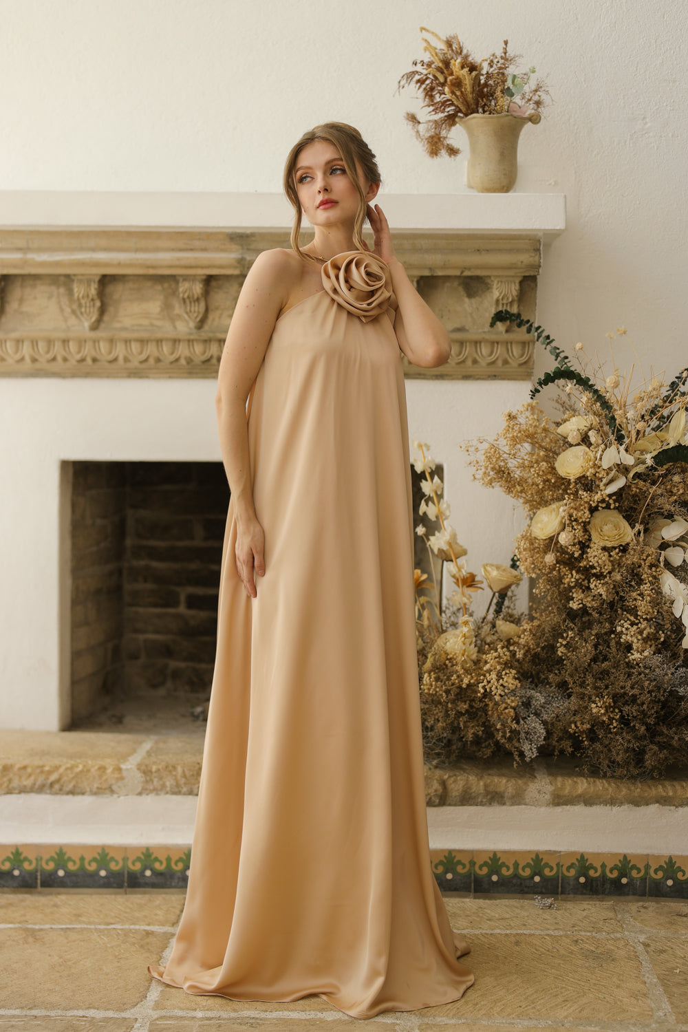 FLORA Flowy Maxi with Floral Detail on Neckline (Nude Crepe Charmeuse Silk) (Copy)