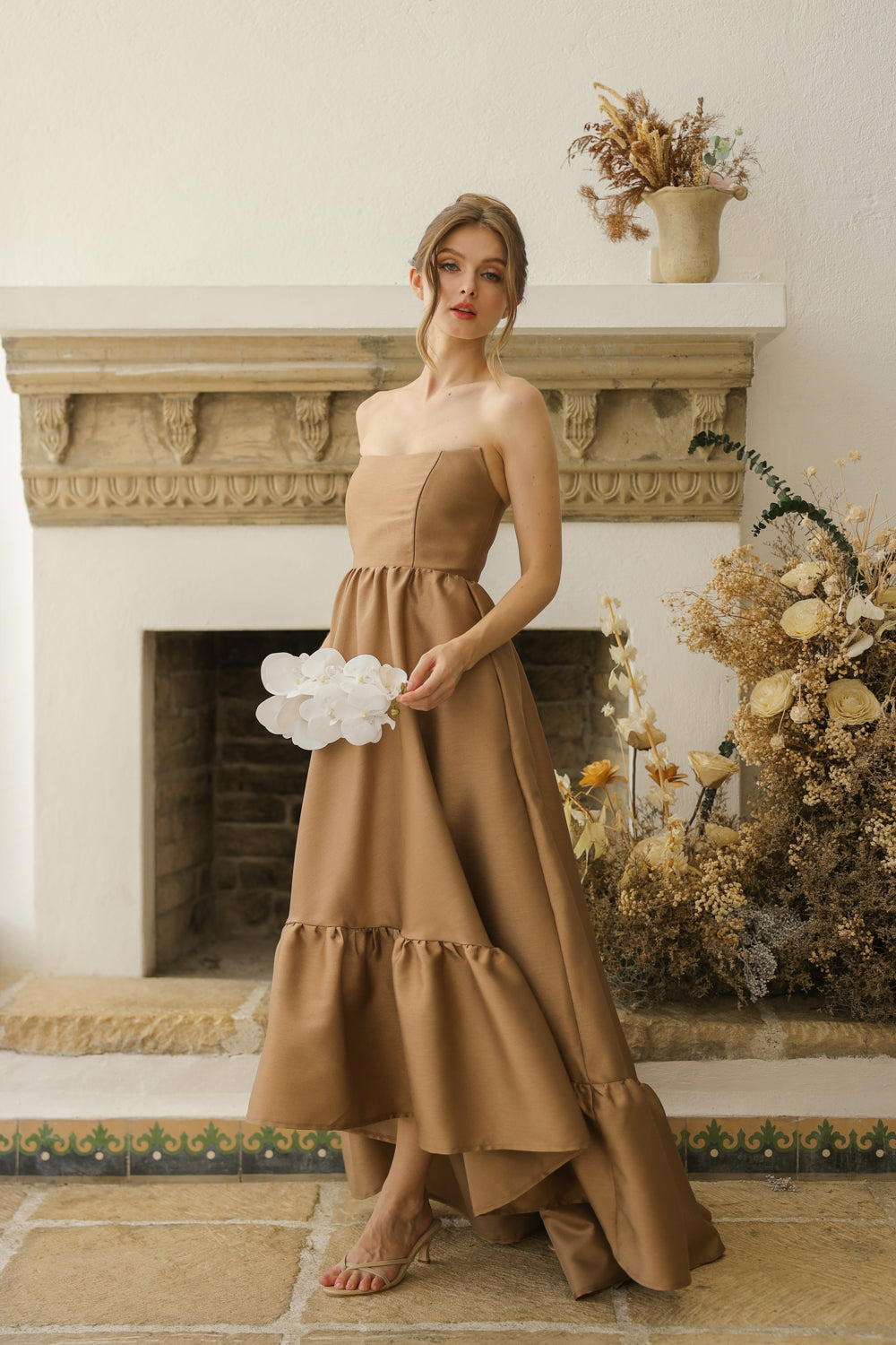 MADELEINE Strapless High Low Gown with Ruffle Hem (Khaki Gazaar)