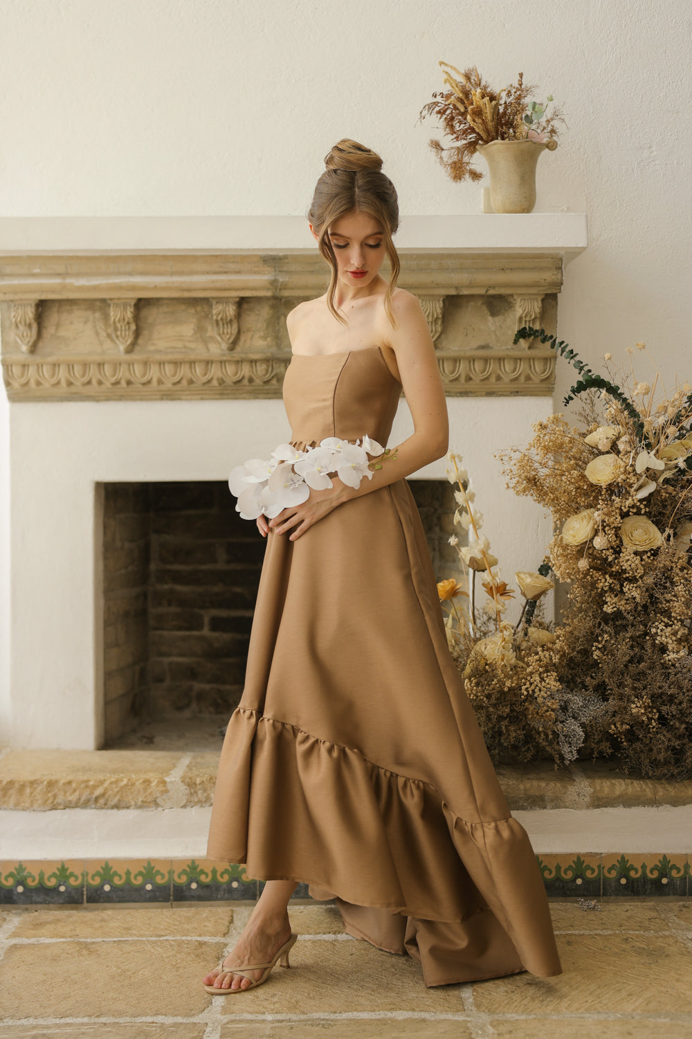 MADELEINE Strapless High Low Gown with Ruffle Hem (Khaki Gazaar)