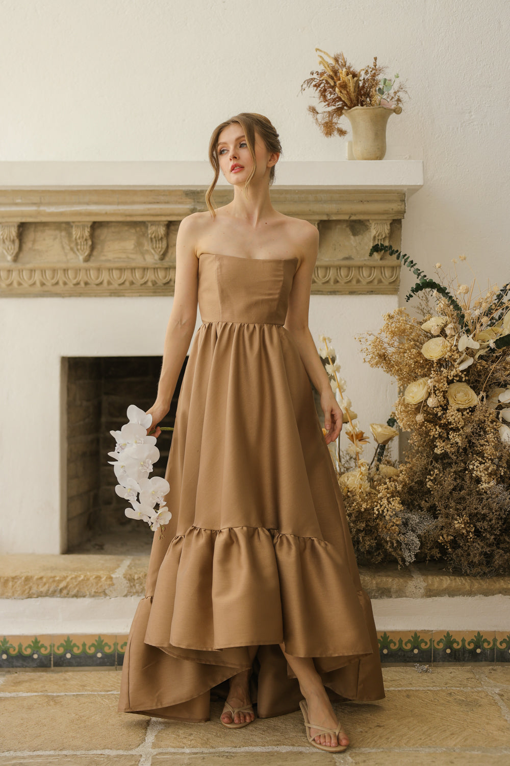 MADELEINE Strapless High Low Gown with Ruffle Hem (Khaki Gazaar)