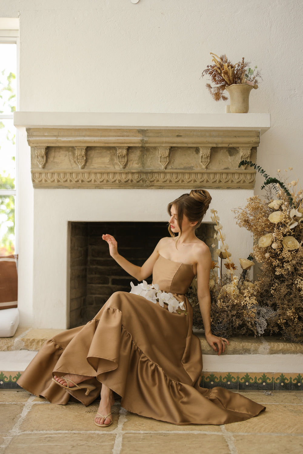 MADELEINE Strapless High Low Gown with Ruffle Hem (Khaki Gazaar)