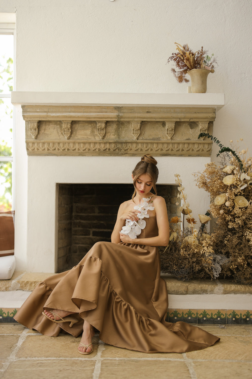 MADELEINE Strapless High Low Gown with Ruffle Hem (Khaki Gazaar)