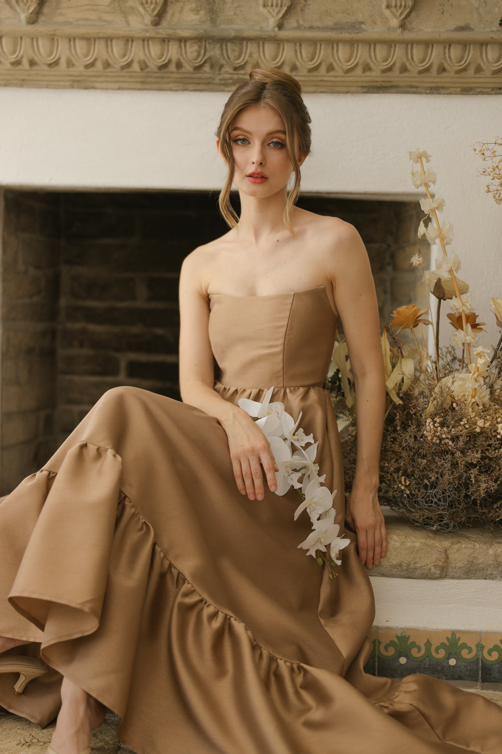 MADELEINE Strapless High Low Gown with Ruffle Hem (Khaki Gazaar)