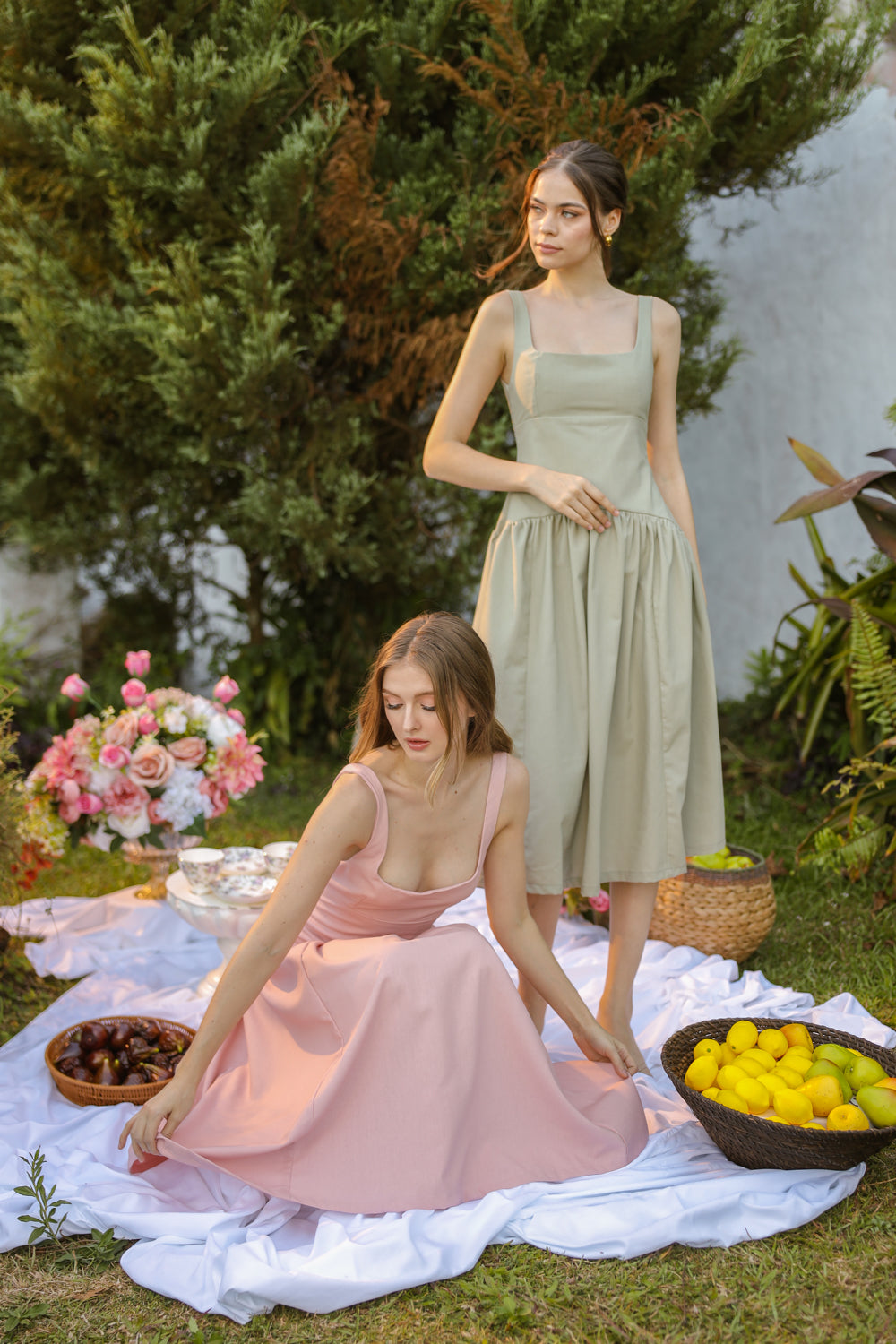 MARINA Sleeveless Scoop Back Midi Dress with Drop Waist Shirred Skirt (Sage Green Linen Blend)