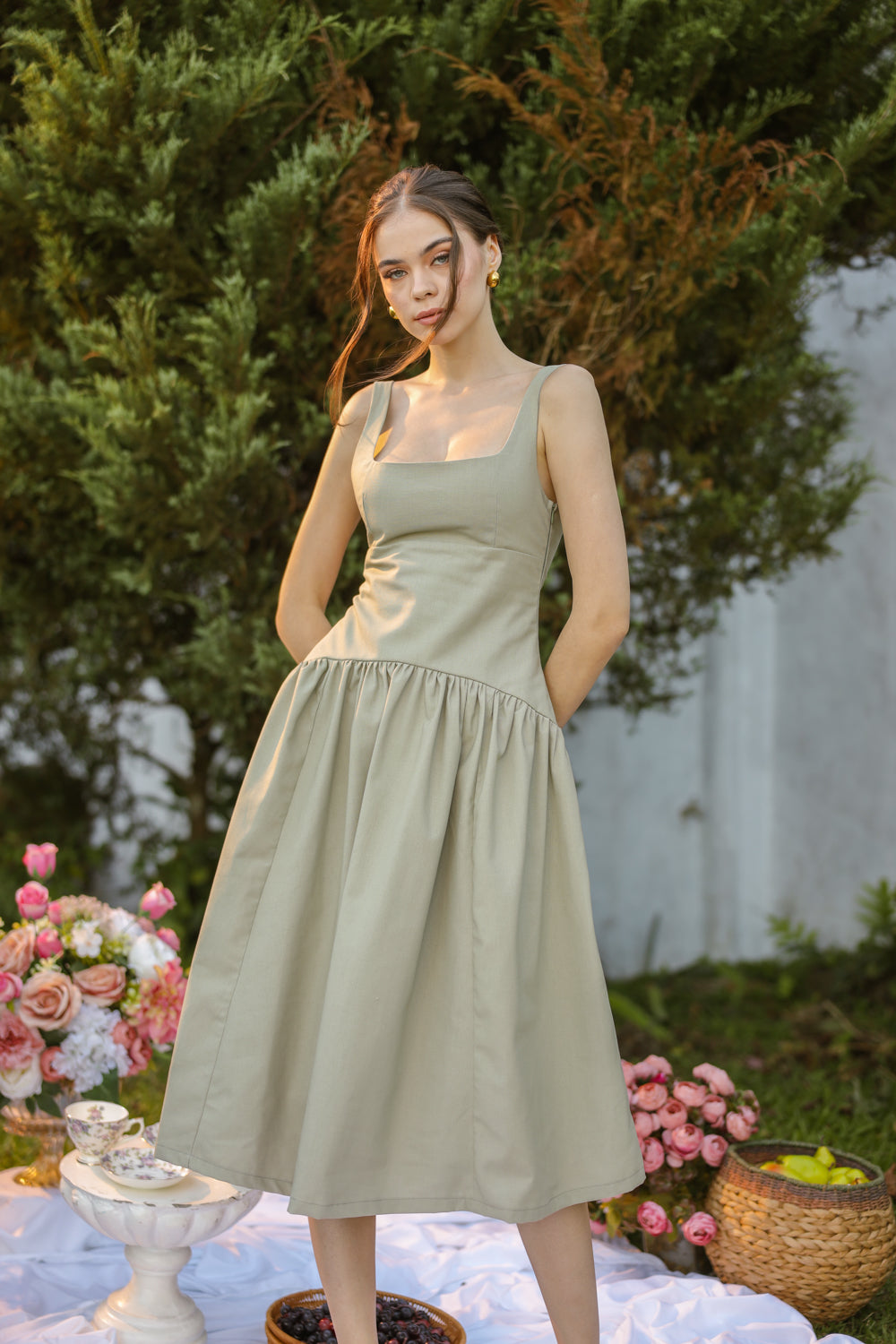 MARINA Sleeveless Scoop Back Midi Dress with Drop Waist Shirred Skirt (Sage Green Linen Blend)