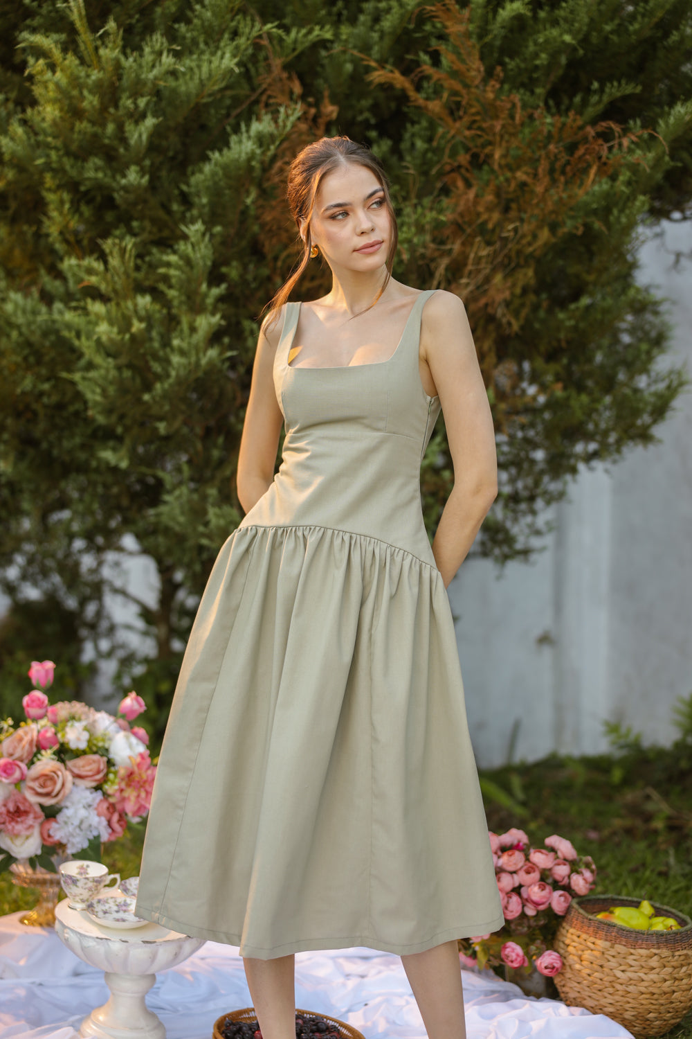 MARINA Sleeveless Scoop Back Midi Dress with Drop Waist Shirred Skirt (Sage Green Linen Blend)