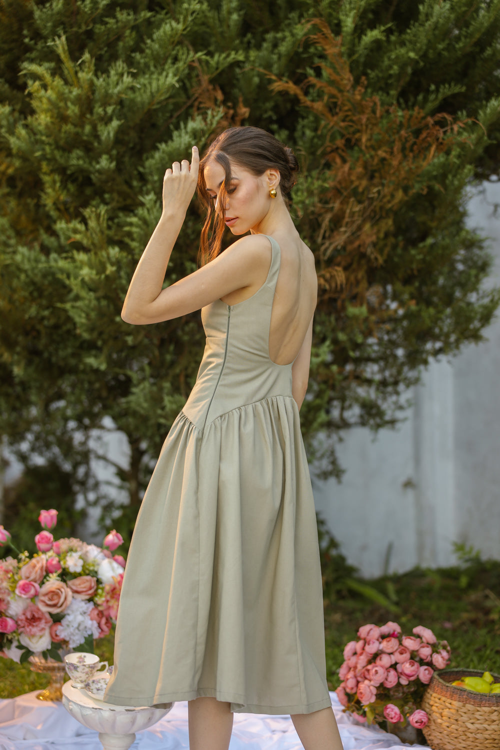 MARINA Sleeveless Scoop Back Midi Dress with Drop Waist Shirred Skirt (Sage Green Linen Blend)