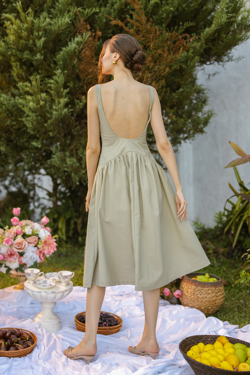 MARINA Sleeveless Scoop Back Midi Dress with Drop Waist Shirred Skirt (Sage Green Linen Blend)