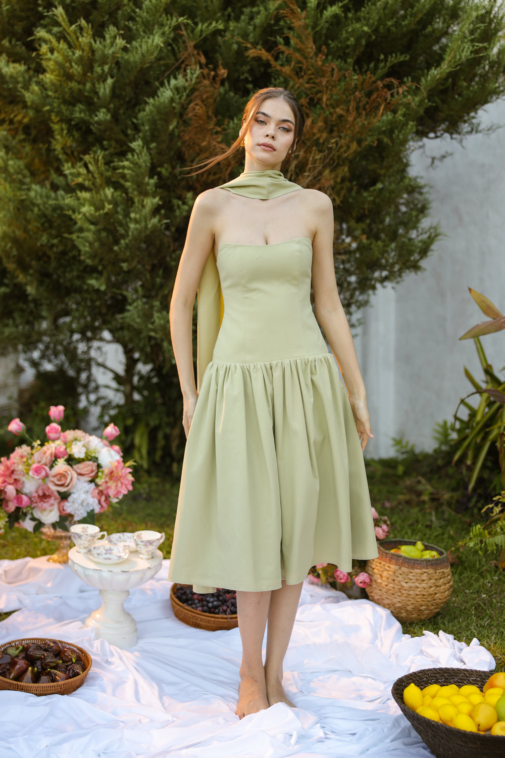 ELODIE Strapless Drop Waist Midi Dress with Sash Neckpiece (Sage Green Linen Blend) SAME DAY DELIVERY - SMALL
