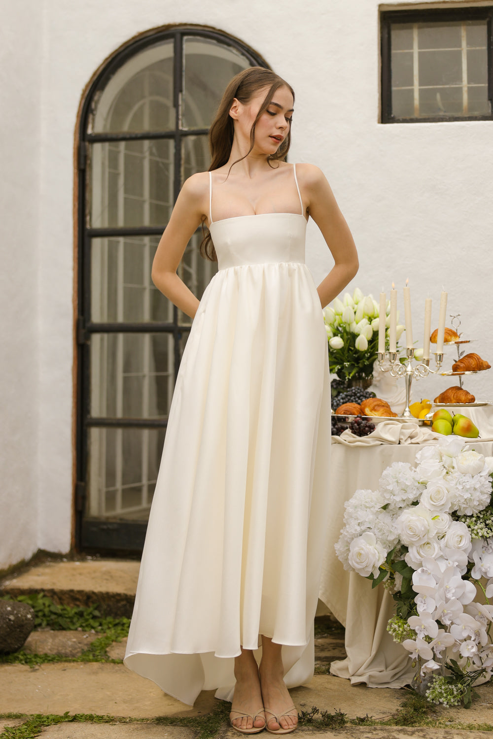 EULALIA Strappy High Low Gown with Covered Button Detail at the Back (Ivory White Gazaar)
