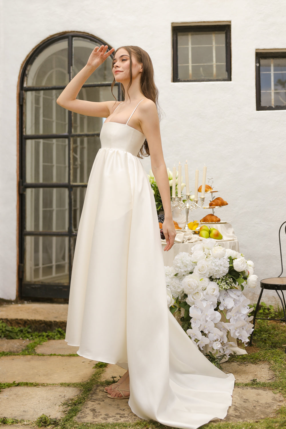 EULALIA Strappy High Low Gown with Covered Button Detail at the Back (Ivory White Gazaar)