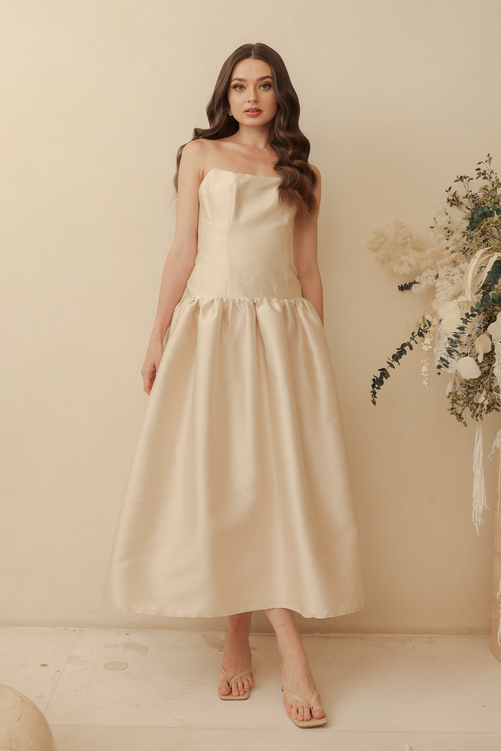 PROVENCE Strapless Drop Waist Midi Dress (Light Gold Gazaar)