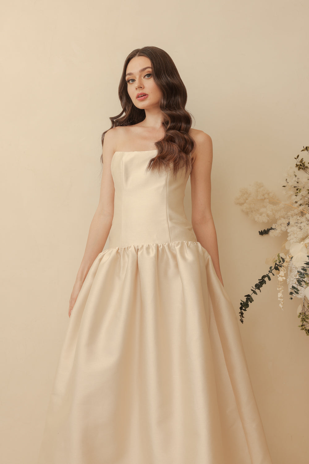 PROVENCE Strapless Drop Waist Midi Dress (Light Gold Gazaar)