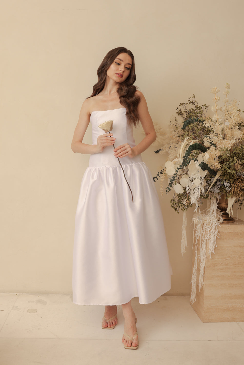 PROVENCE Strapless Drop Waist Midi Dress (White Gazaar)