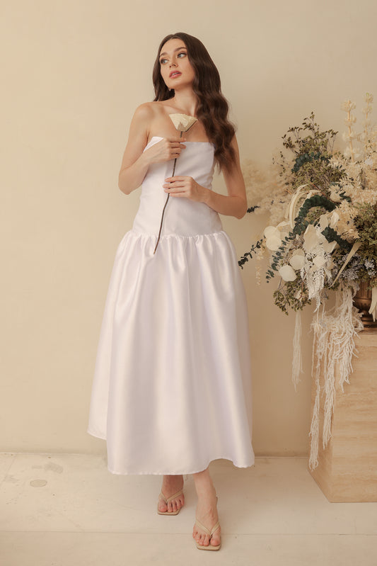 PROVENCE Strapless Drop Waist Midi Dress (White Gazaar)