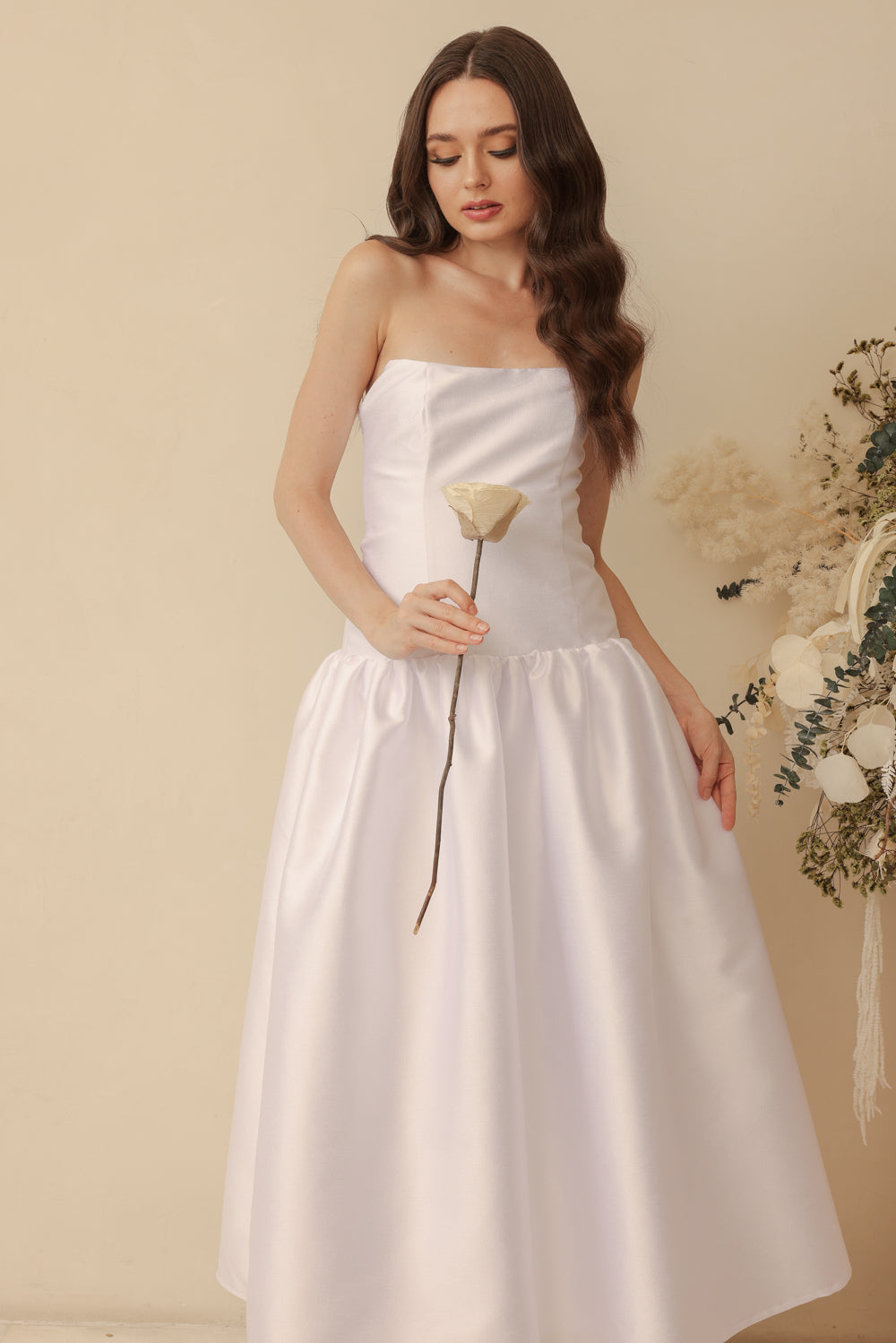 PROVENCE Strapless Drop Waist Midi Dress (White Gazaar)