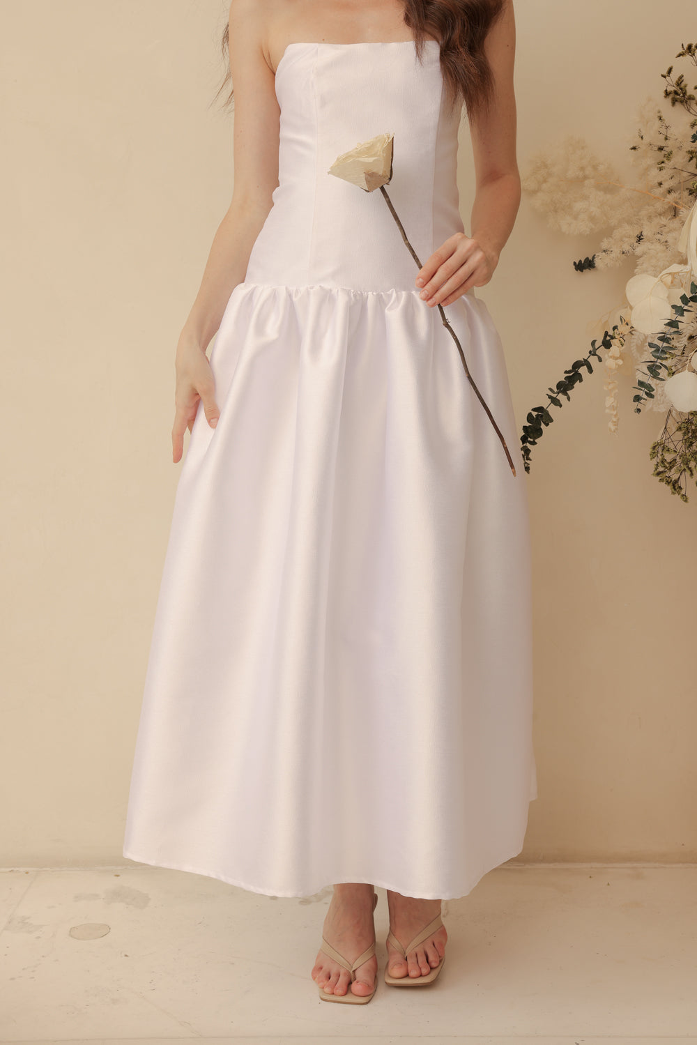 PROVENCE Strapless Drop Waist Midi Dress (White Gazaar)