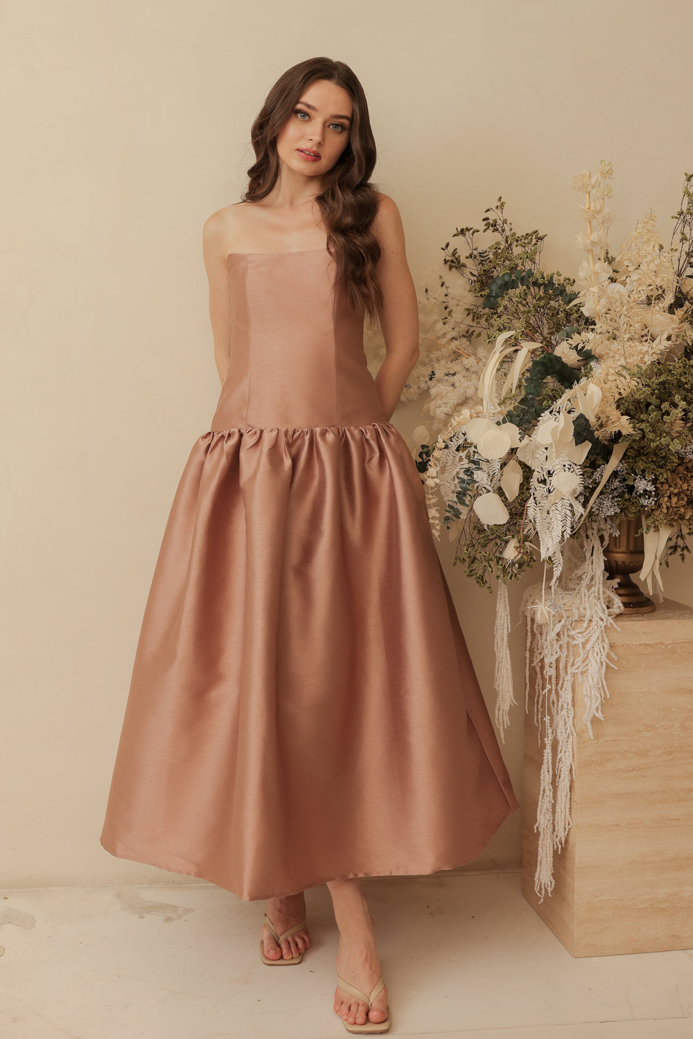 PROVENCE Strapless Drop Waist Midi Dress (Taupe Gazaar)