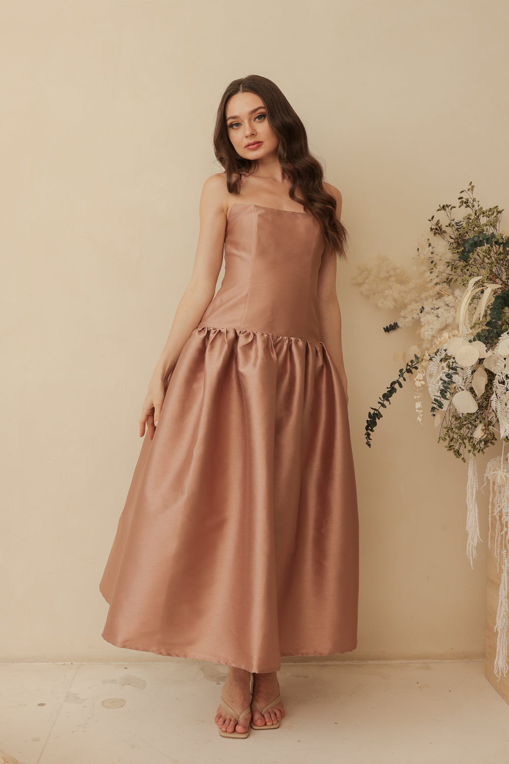 PROVENCE Strapless Drop Waist Midi Dress (Taupe Gazaar)