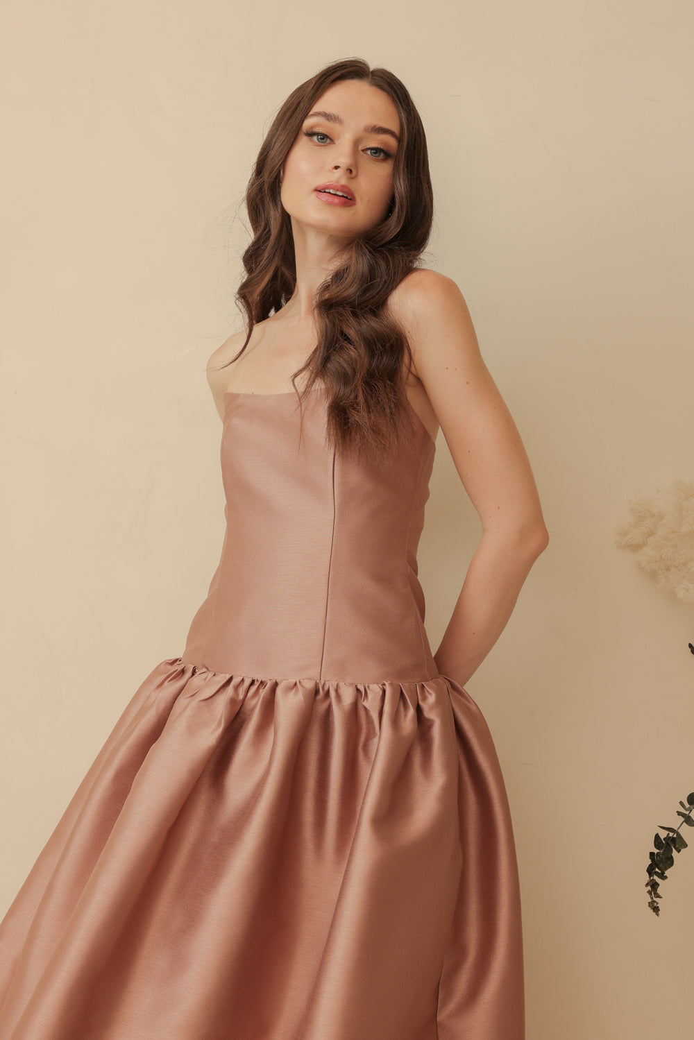 PROVENCE Strapless Drop Waist Midi Dress (Taupe Gazaar)