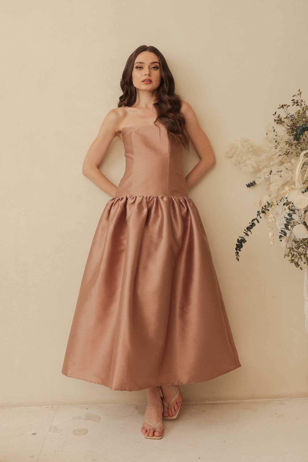 PROVENCE Strapless Drop Waist Midi Dress (Taupe Gazaar)