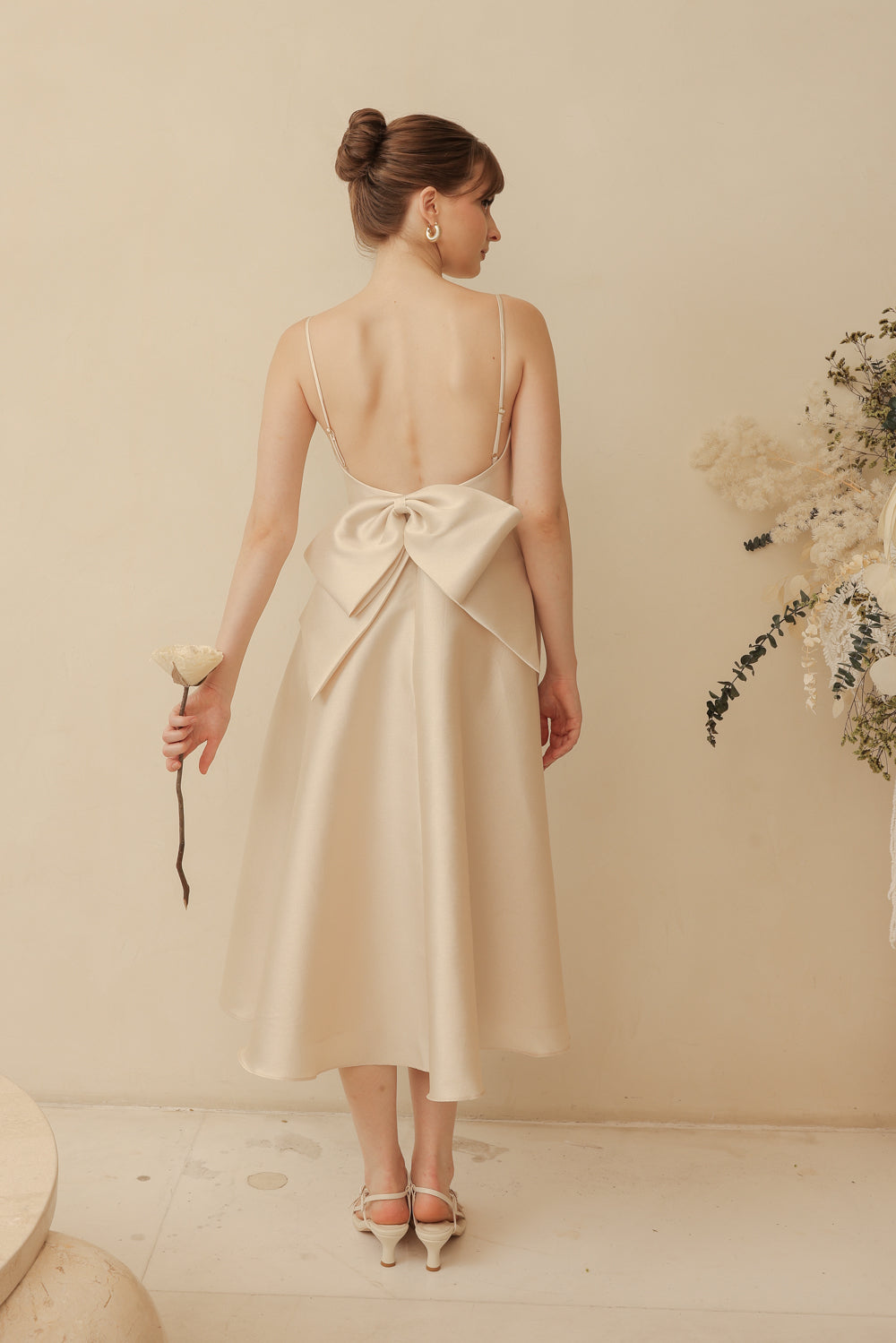 ODETTE Strappy Midi Dress with Bow Back (Light Gold Gazaar)