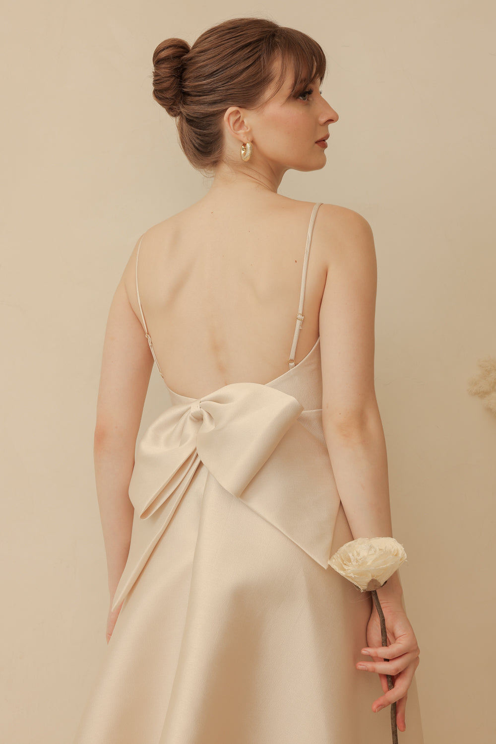 ODETTE Strappy Midi Dress with Bow Back (Light Gold Gazaar)