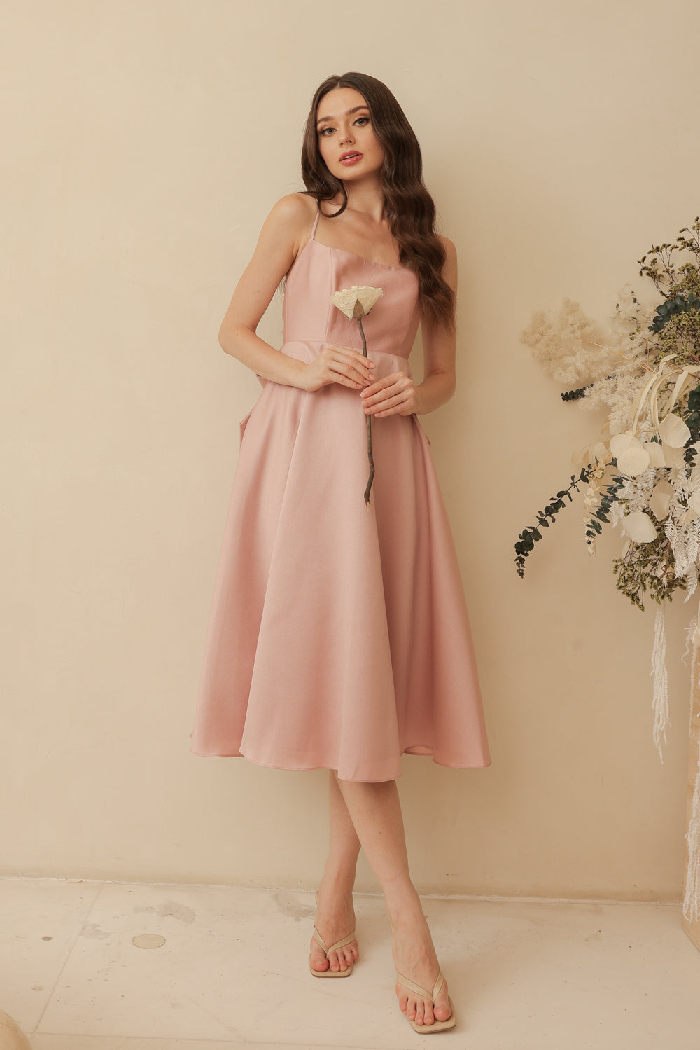 ODETTE Strappy Midi Dress with Bow Back (Old Rose Gazaar)