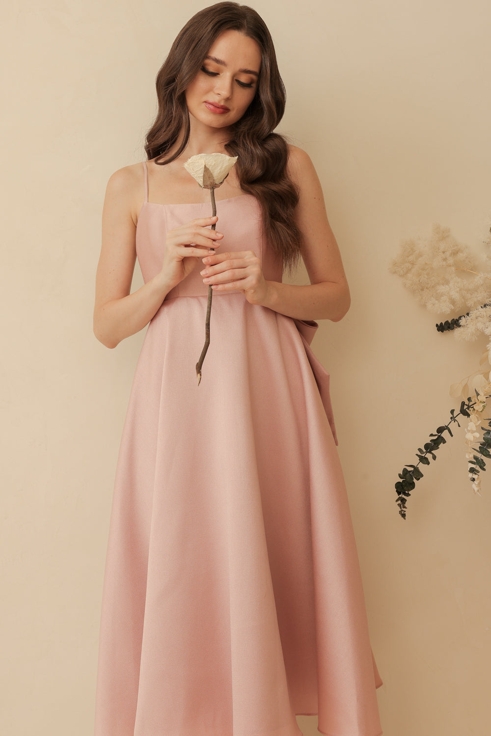 ODETTE Strappy Midi Dress with Bow Back (Old Rose Gazaar)