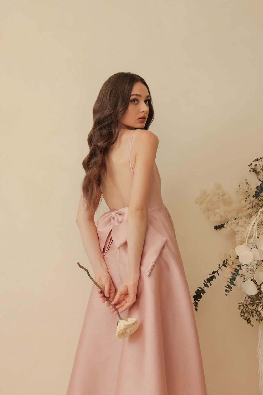 ODETTE Strappy Midi Dress with Bow Back (Old Rose Gazaar)