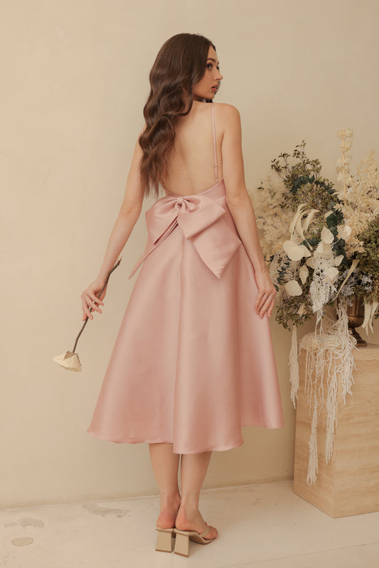 ODETTE Strappy Midi Dress with Bow Back (Old Rose Gazaar)