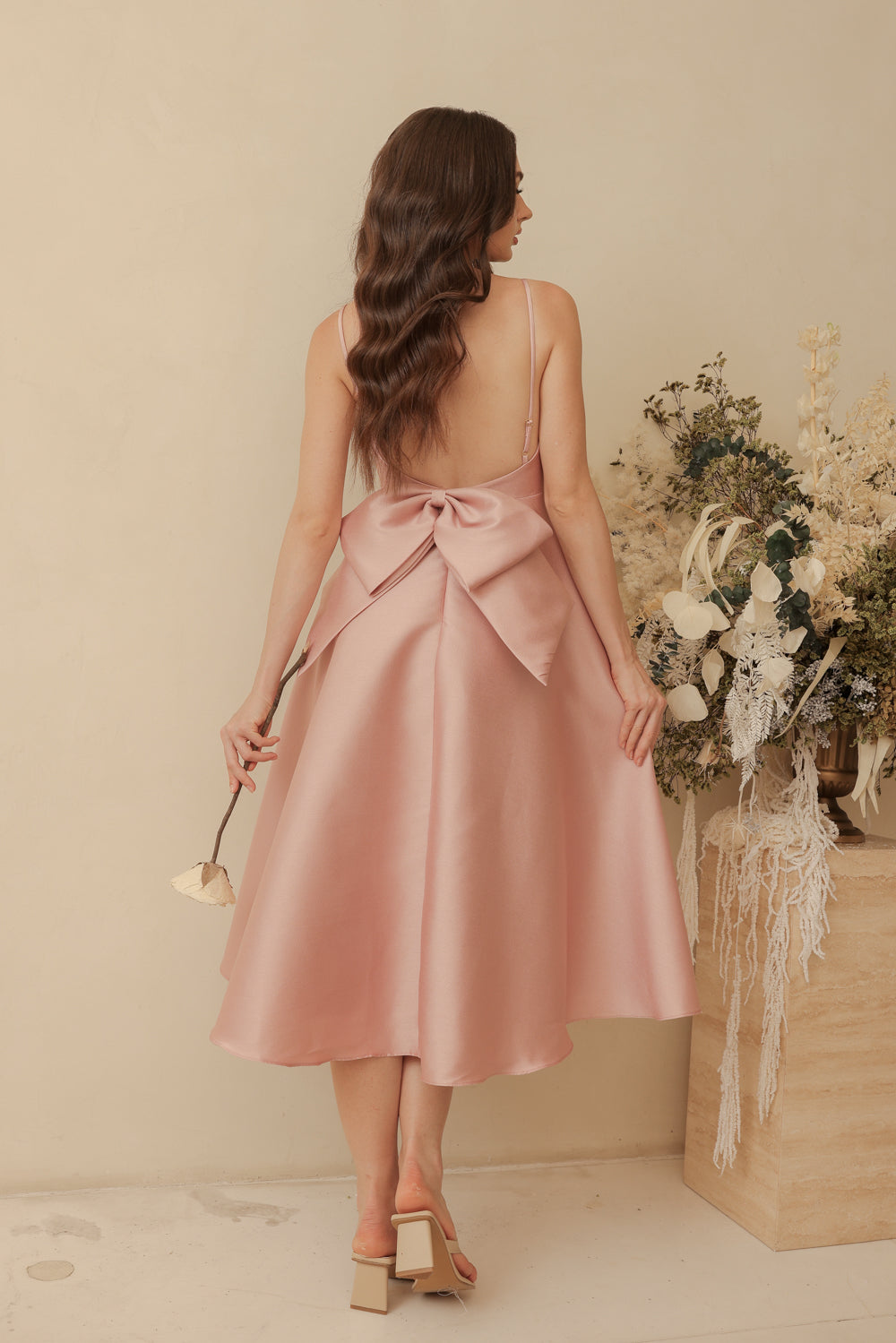 ODETTE Strappy Midi Dress with Bow Back (Old Rose Gazaar)