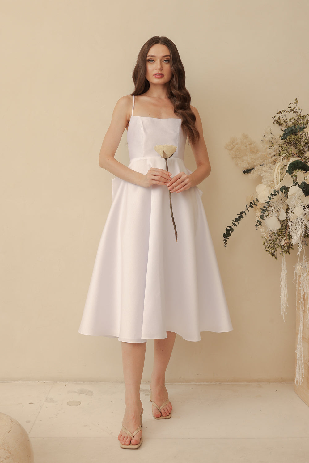 ODETTE Strappy Midi Dress with Bow Back (White Gazaar)