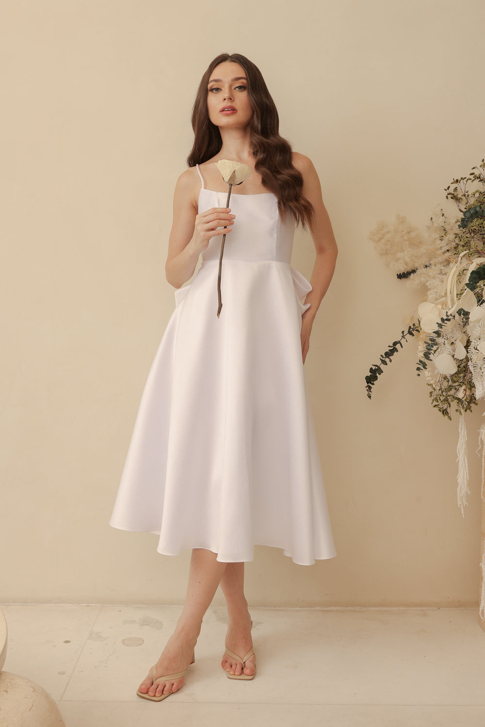 ODETTE Strappy Midi Dress with Bow Back (White Gazaar)