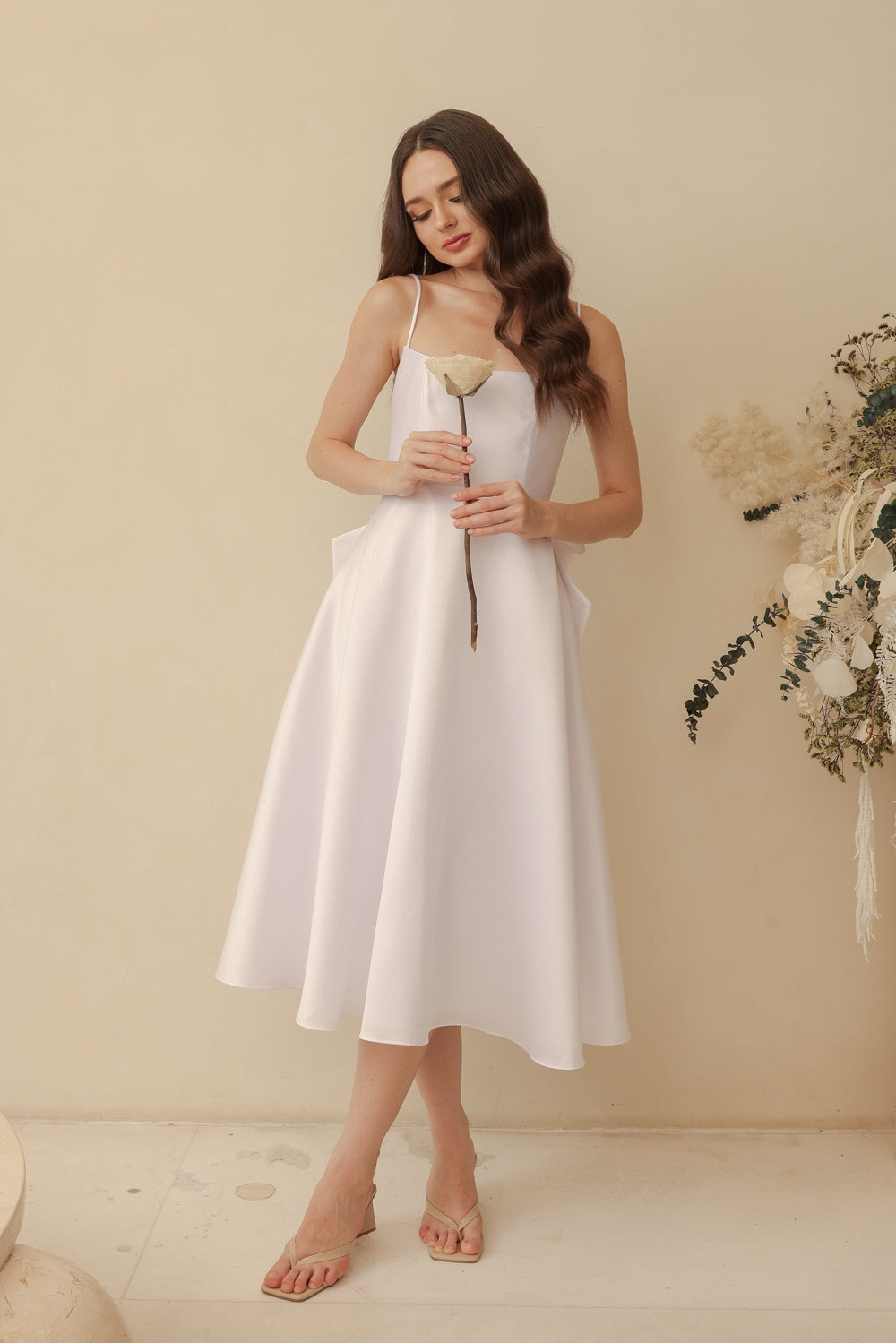 ODETTE Strappy Midi Dress with Bow Back (White Gazaar)