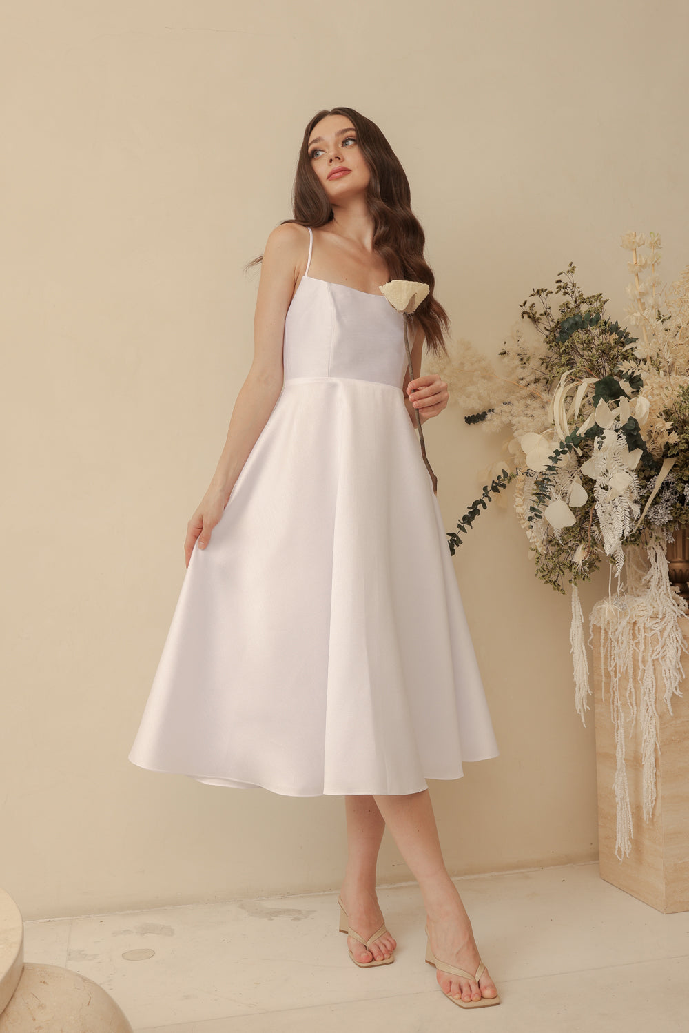 ODETTE Strappy Midi Dress with Bow Back (White Gazaar)