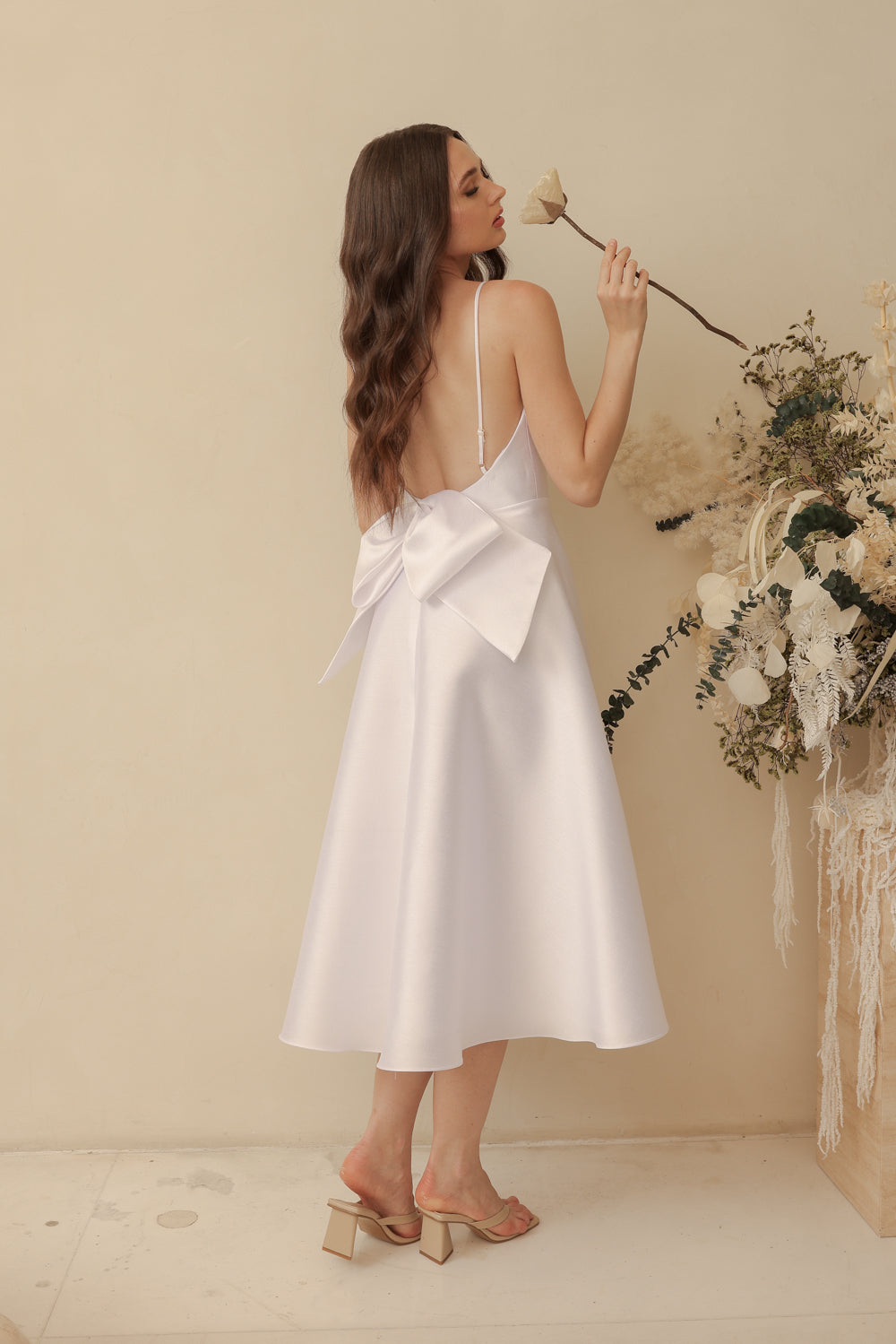 ODETTE Strappy Midi Dress with Bow Back (White Gazaar)