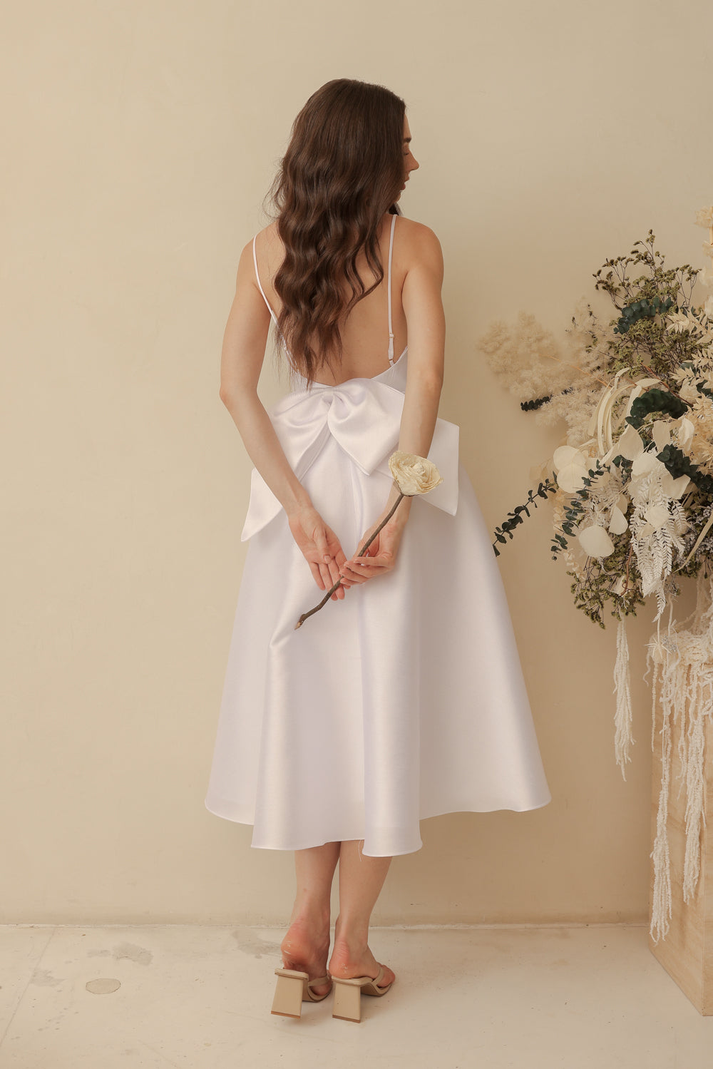 ODETTE Strappy Midi Dress with Bow Back (White Gazaar)