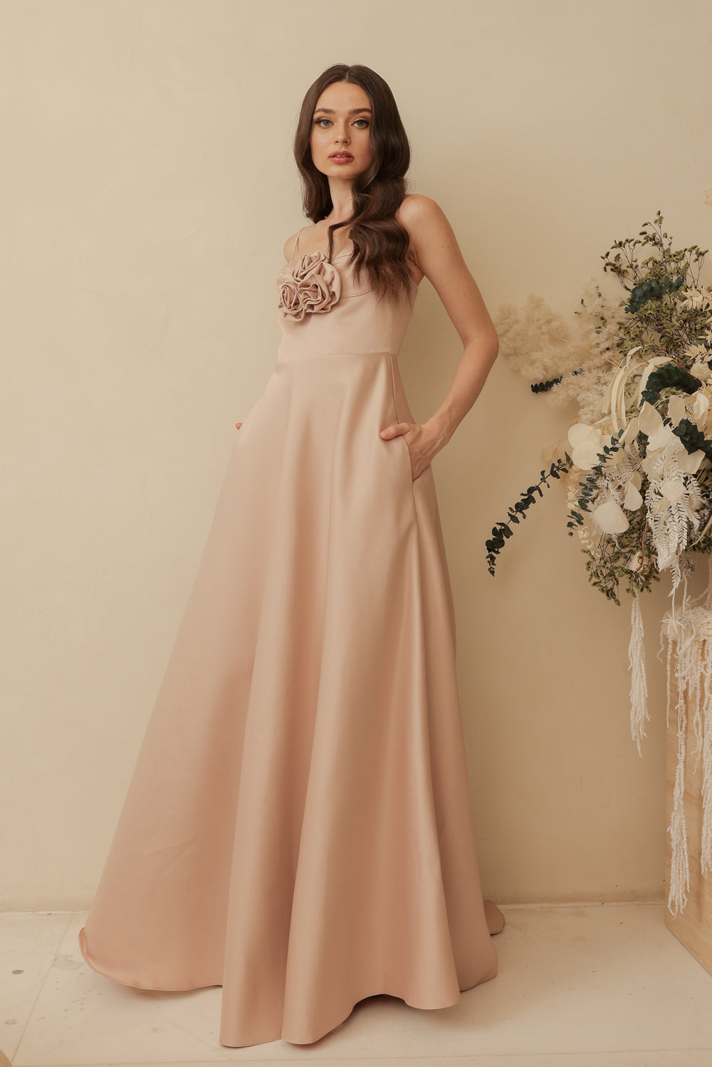 ADELINE Strappy Maxi Dress with Mini Trail and Pockets and Trio Floral Detail (Blush Nude Duchess Satin)