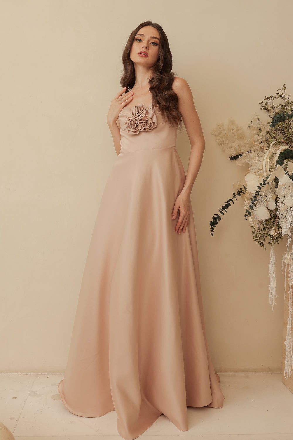 ADELINE Strappy Maxi Dress with Mini Trail and Pockets and Trio Floral Detail (Blush Nude Duchess Satin)