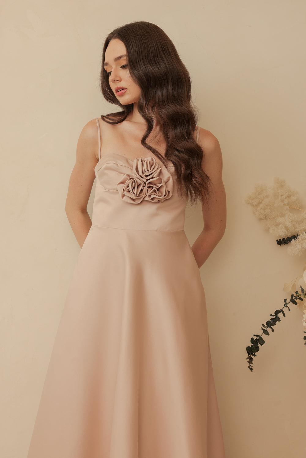 ADELINE Strappy Maxi Dress with Mini Trail and Pockets and Trio Floral Detail (Blush Nude Duchess Satin)