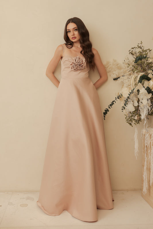 ADELINE Strappy Maxi Dress with Mini Trail and Pockets and Trio Floral Detail (Blush Nude Duchess Satin)