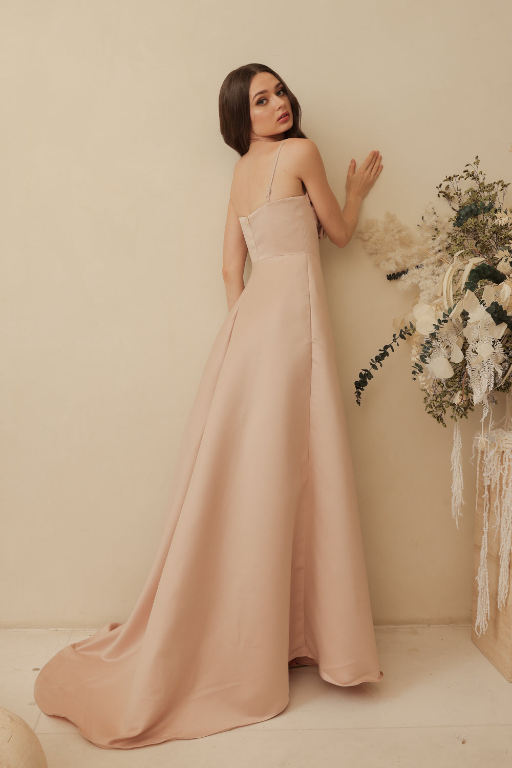 ADELINE Strappy Maxi Dress with Mini Trail and Pockets and Trio Floral Detail (Blush Nude Duchess Satin)