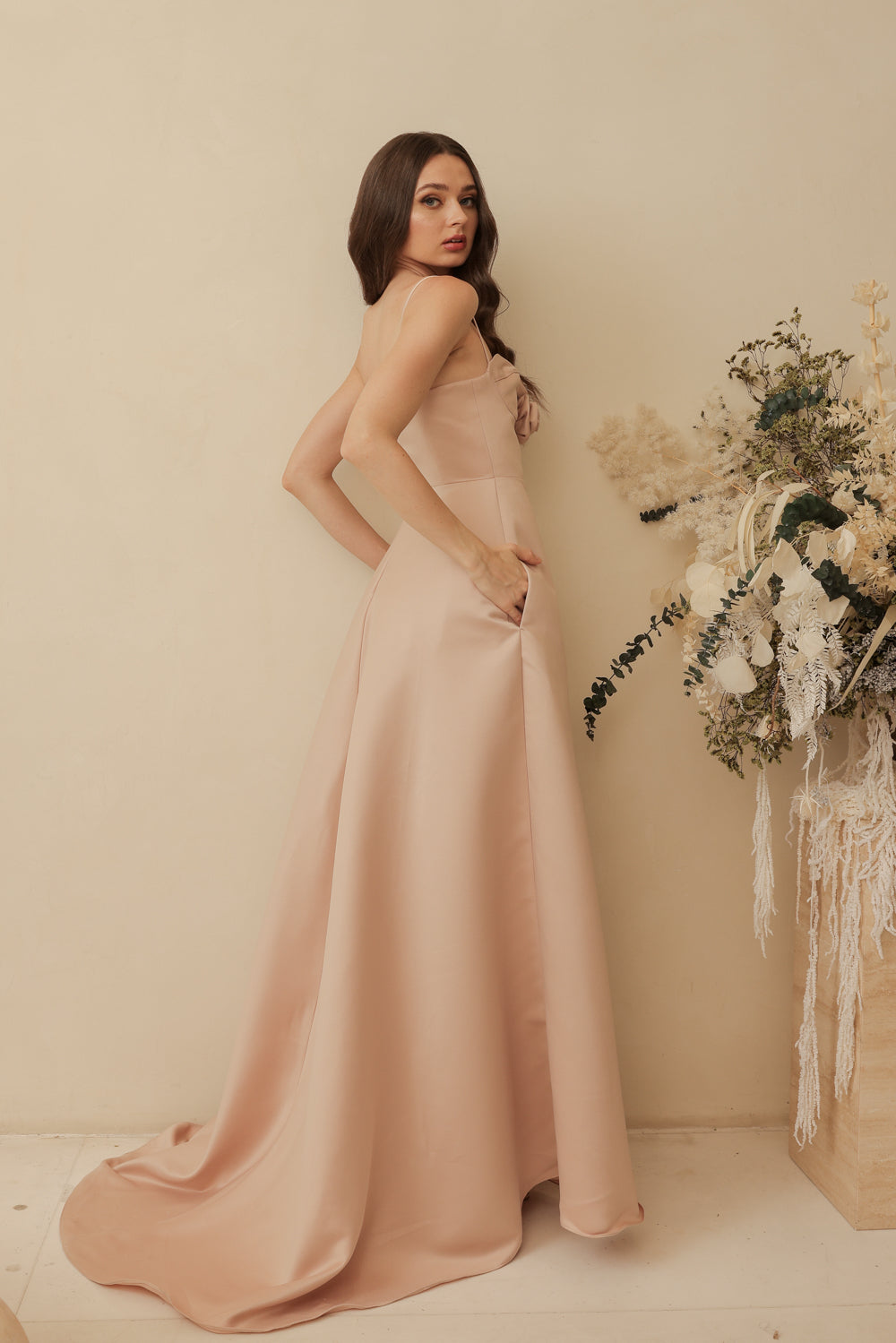 ADELINE Strappy Maxi Dress with Mini Trail and Pockets and Trio Floral Detail (Blush Nude Duchess Satin)