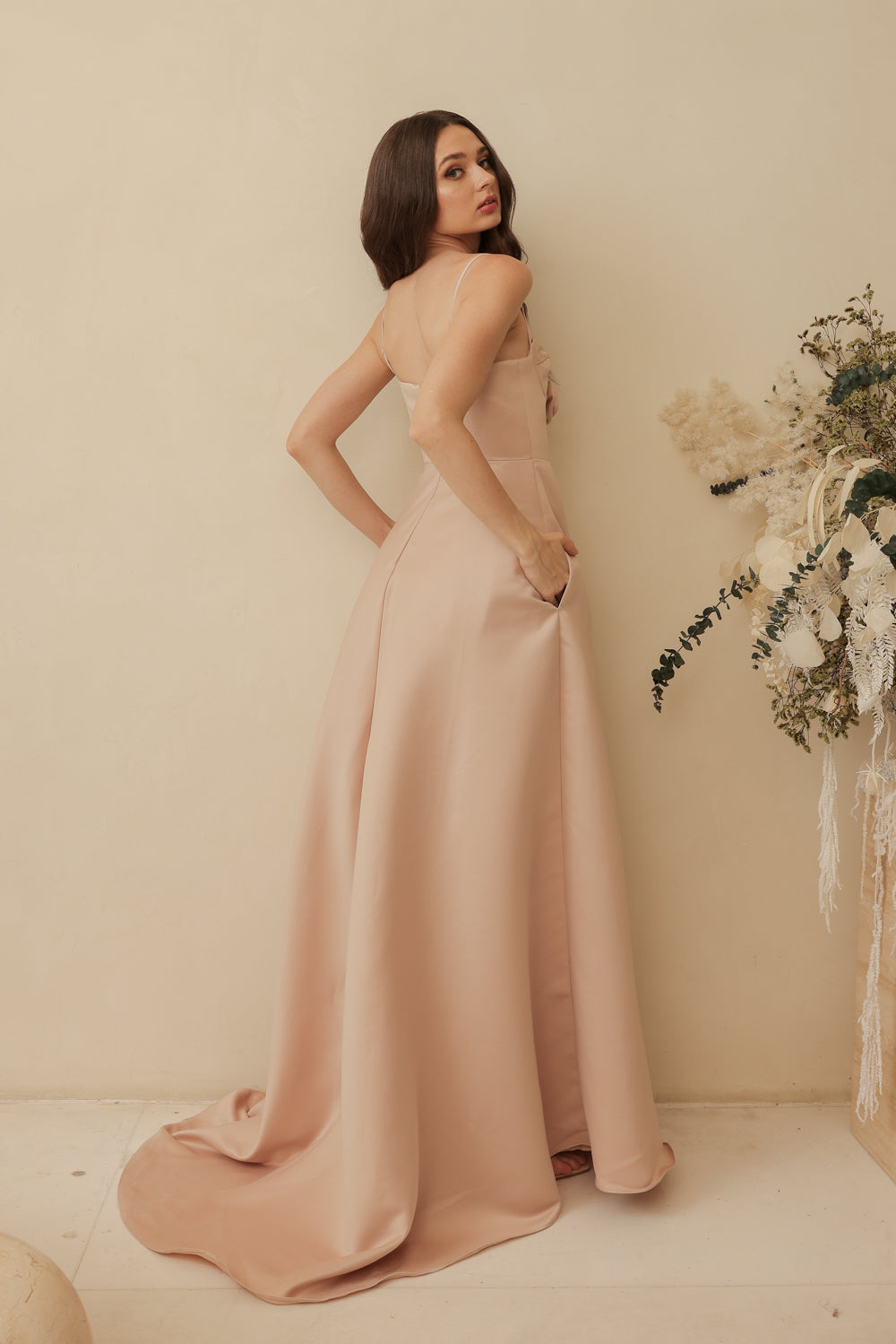 ADELINE Strappy Maxi Dress with Mini Trail and Pockets and Trio Floral Detail (Blush Nude Duchess Satin)