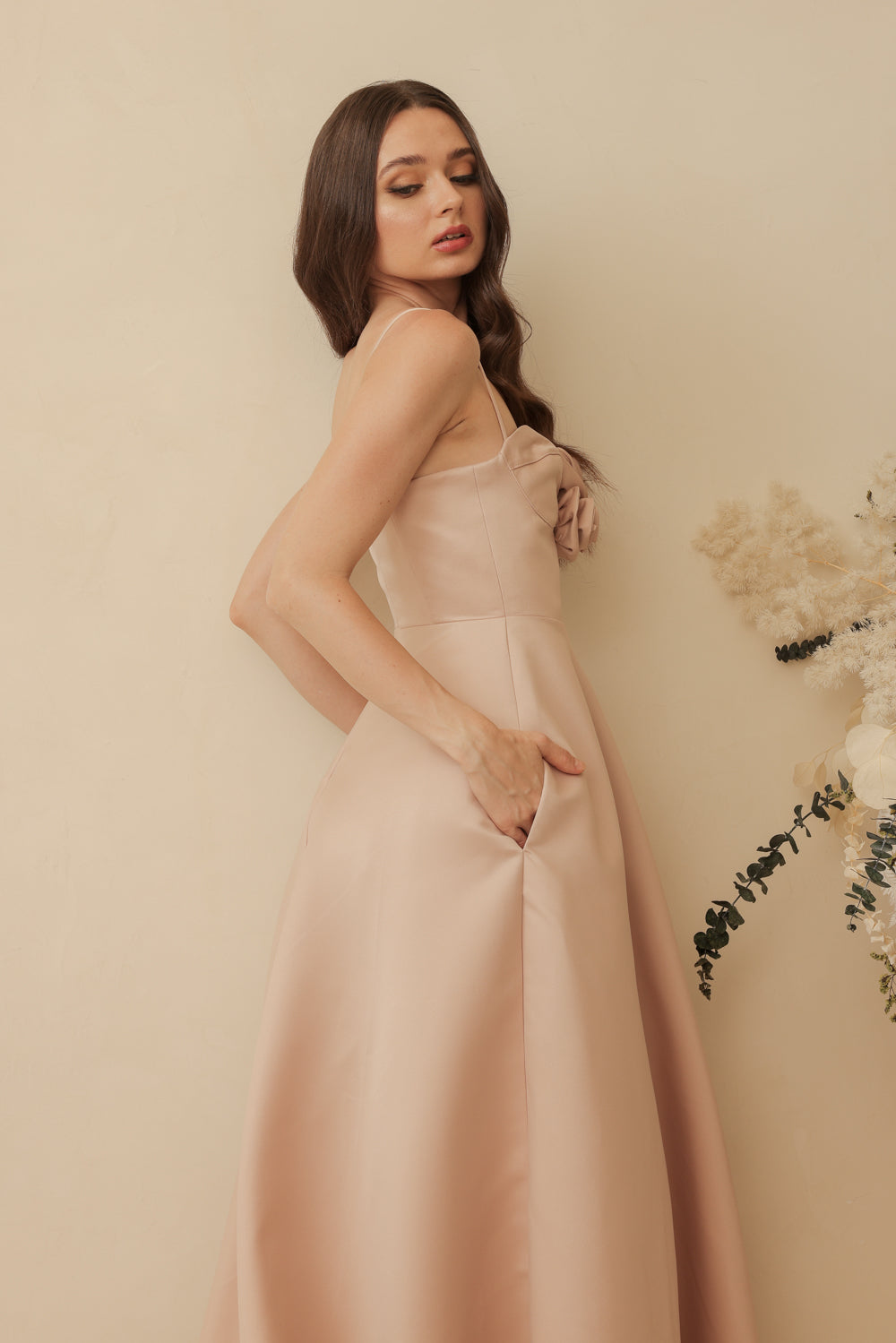 ADELINE Strappy Maxi Dress with Mini Trail and Pockets and Trio Floral Detail (Blush Nude Duchess Satin)