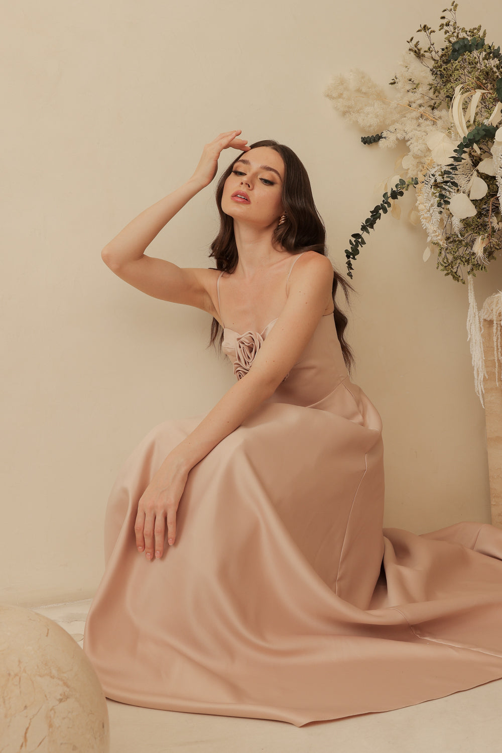 ADELINE Strappy Maxi Dress with Mini Trail and Pockets and Trio Floral Detail (Blush Nude Duchess Satin)