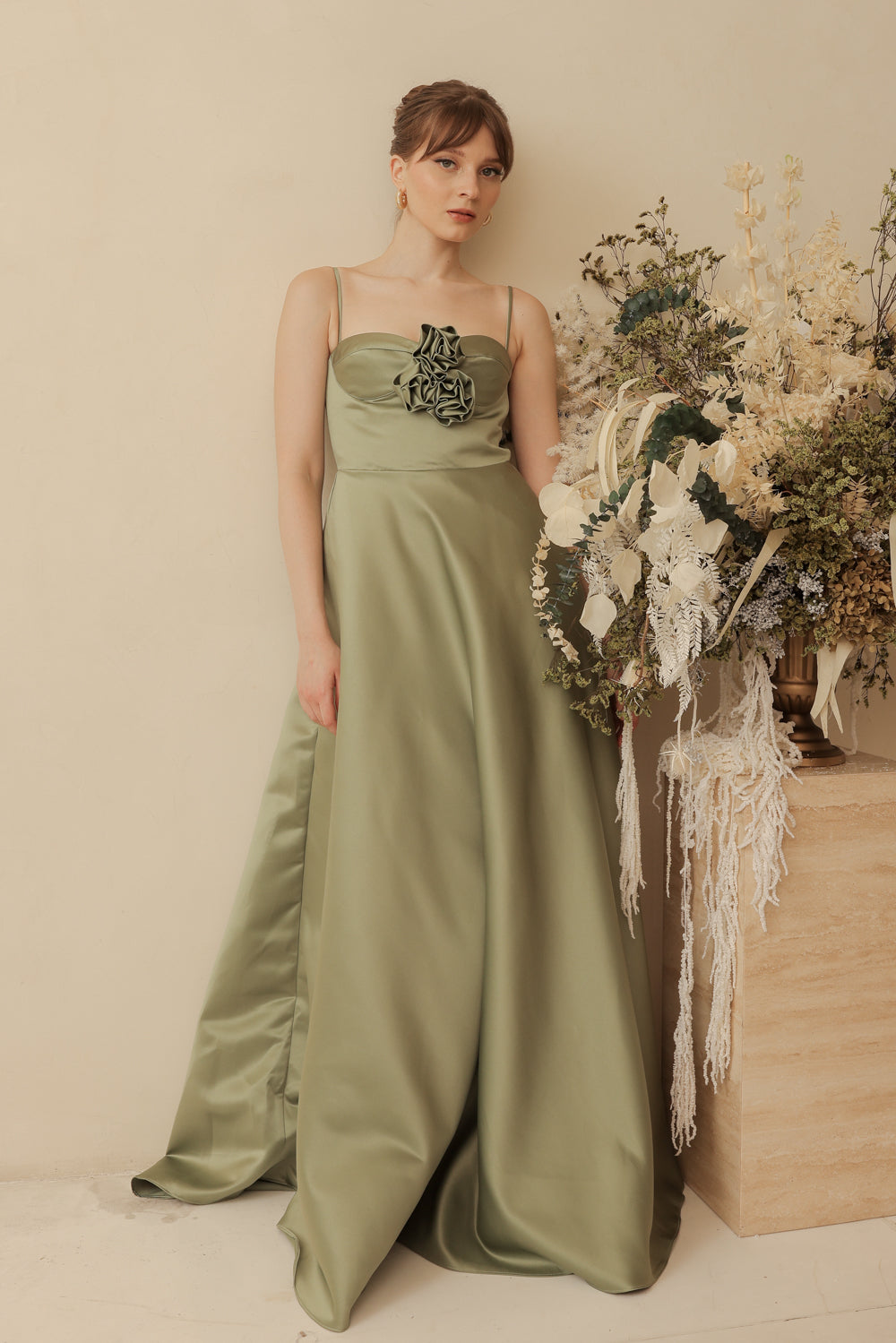 ADELINE Strappy Maxi Dress with Mini Trail and Pockets and Trio Floral Detail (Olive Duchess Satin)