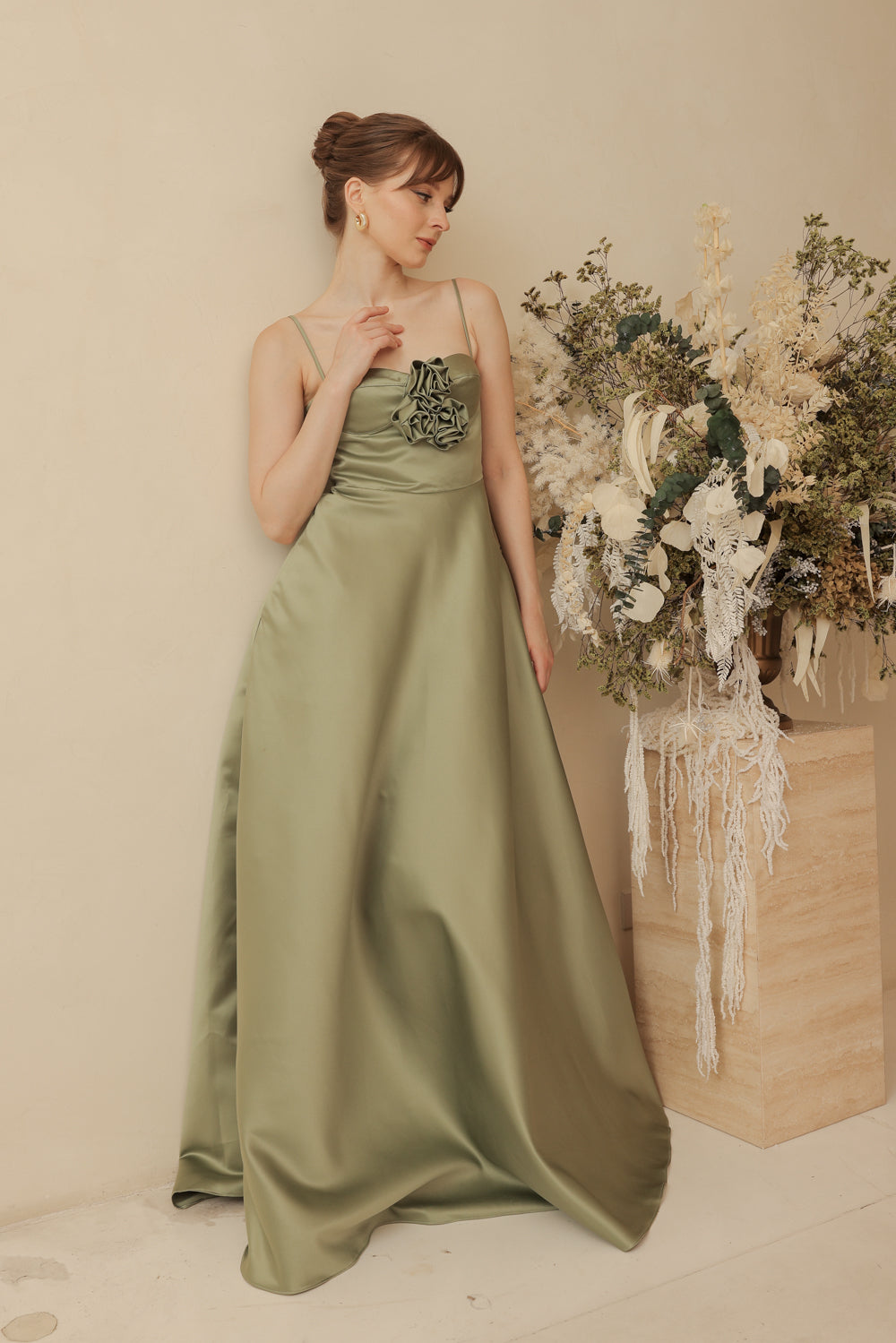 ADELINE Strappy Maxi Dress with Mini Trail and Pockets and Trio Floral Detail (Olive Duchess Satin)