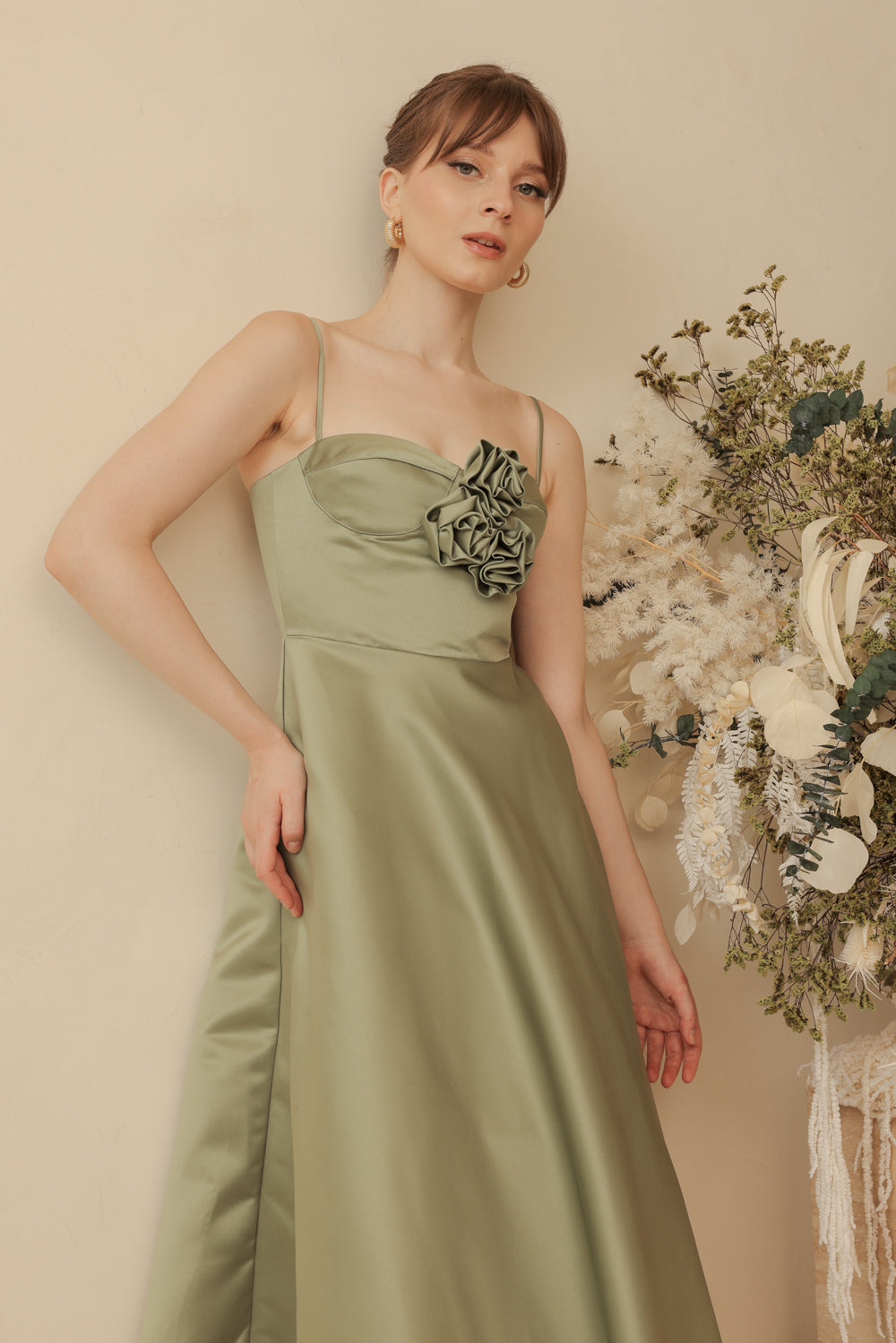 ADELINE Strappy Maxi Dress with Mini Trail and Pockets and Trio Floral Detail (Olive Duchess Satin)